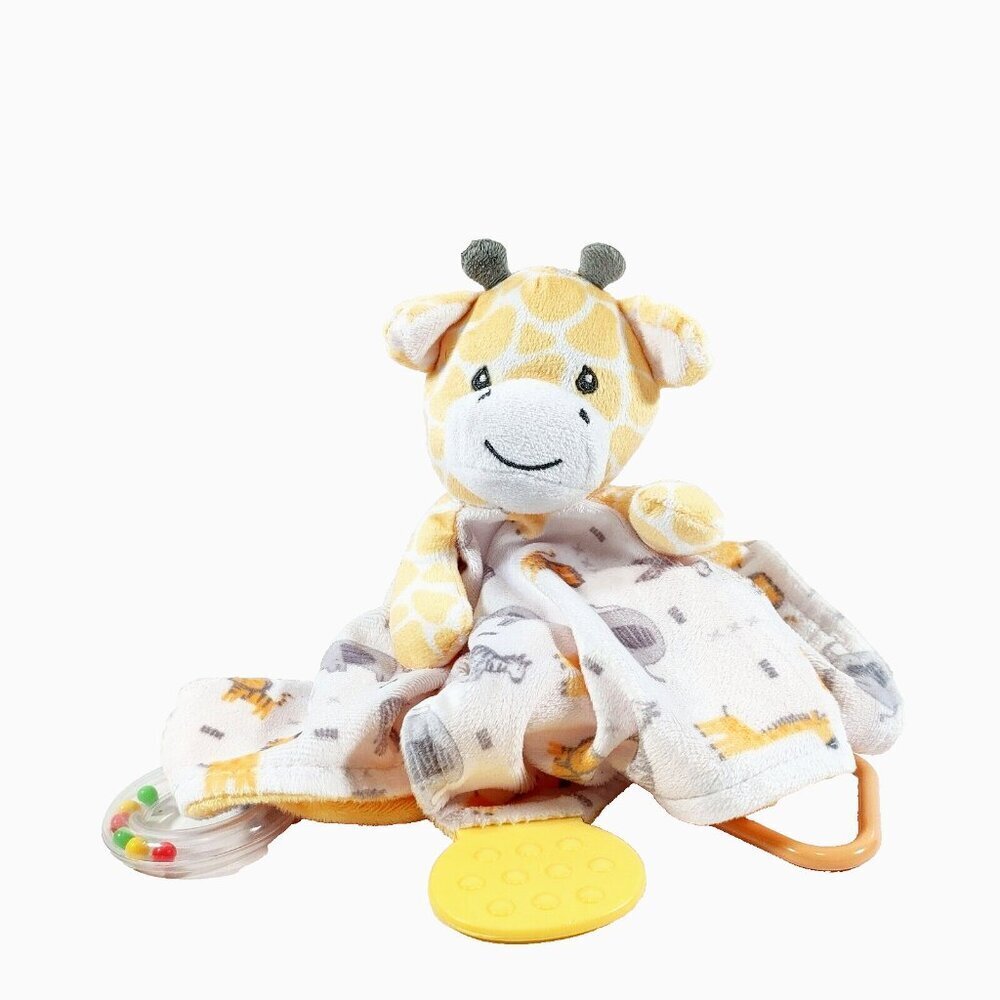 Modern Baby Security Blanket Giraffe  Lovey Teether Rattle White, Yellow & Gray